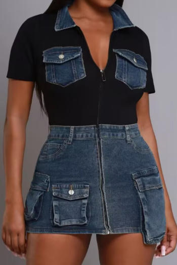 Chic Plus Size Denim Patchwork Mini Dress with Pockets and Stretch