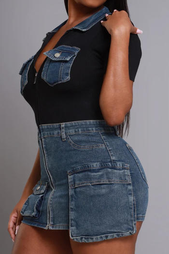 Chic Plus Size Denim Patchwork Mini Dress with Pockets and Stretch
