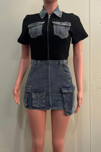 Chic Plus Size Denim Patchwork Mini Dress with Pockets and Stretch