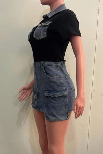 Chic Plus Size Denim Patchwork Mini Dress with Pockets and Stretch