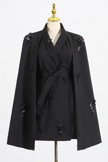 Elegant Sequined Belted Cape Waist Mini Dress for Dazzling Party Style
