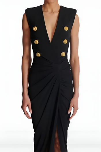 Elegant Women's V-Neck Mesh Stitching Black Maxi Dress for Office