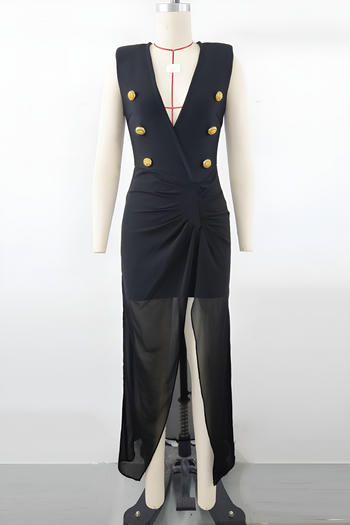 Elegant Women's V-Neck Mesh Stitching Black Maxi Dress for Office