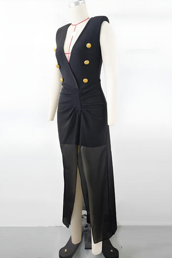 Elegant Women's V-Neck Mesh Stitching Black Maxi Dress for Office