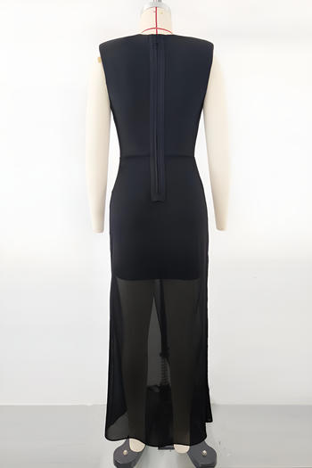 Elegant Women's V-Neck Mesh Stitching Black Maxi Dress for Office