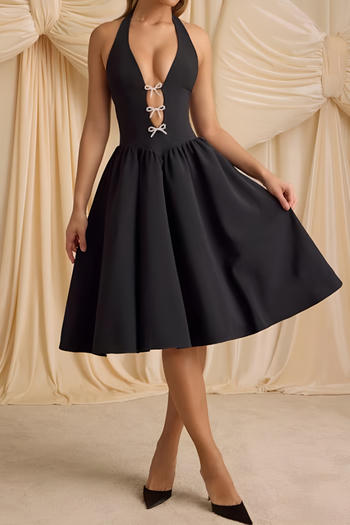 Stunning Black Deep V Halter Neck Midi Dress with Pearl Bows