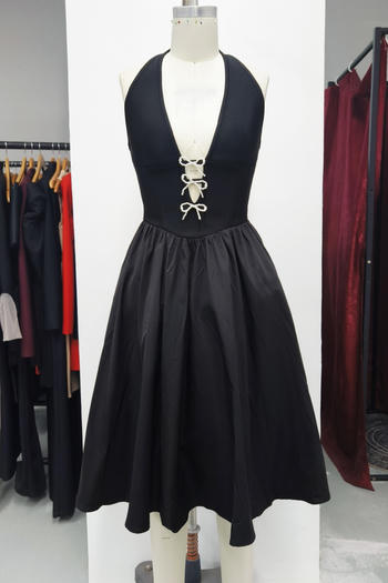 Stunning Black Deep V Halter Neck Midi Dress with Pearl Bows