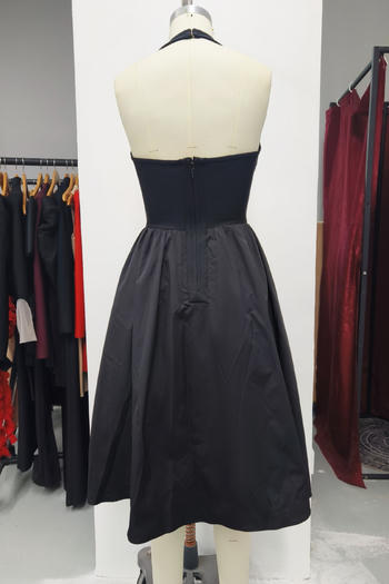 Stunning Black Deep V Halter Neck Midi Dress with Pearl Bows