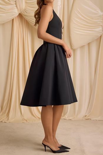 Stunning Black Deep V Halter Neck Midi Dress with Pearl Bows