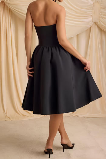 Stunning Black Deep V Halter Neck Midi Dress with Pearl Bows