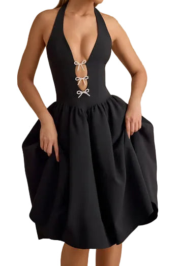 Stunning Black Deep V Halter Neck Midi Dress with Pearl Bows