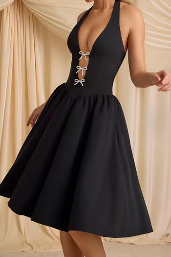 Stunning Black Deep V Halter Neck Midi Dress with Pearl Bows