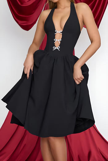 Stunning Black Deep V Halter Neck Midi Dress with Pearl Bows