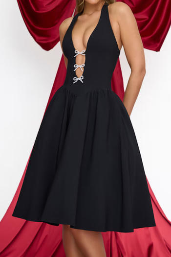 Stunning Black Deep V Halter Neck Midi Dress with Pearl Bows