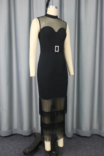 Elegant Plus Size Mesh Tassel Sleeveless Midi Dress – Chic & Stretchy