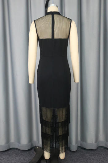 Elegant Plus Size Mesh Tassel Sleeveless Midi Dress – Chic & Stretchy