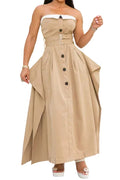Elegant Plus Size Non-Stretch Contrast Color Maxi Dress with Button Details