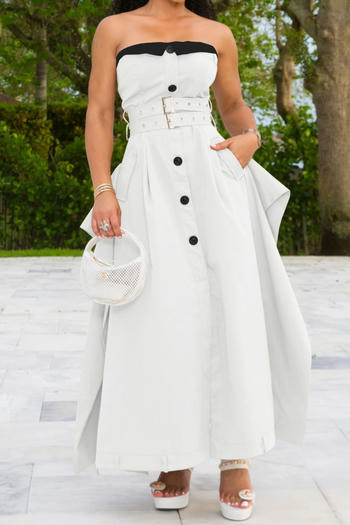 Elegant Plus Size Non-Stretch Contrast Color Maxi Dress with Button Details