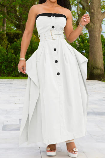 Elegant Plus Size Non-Stretch Contrast Color Maxi Dress with Button Details