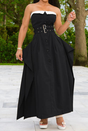 Elegant Plus Size Non-Stretch Contrast Color Maxi Dress with Button Details