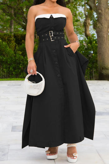 Elegant Plus Size Non-Stretch Contrast Color Maxi Dress with Button Details
