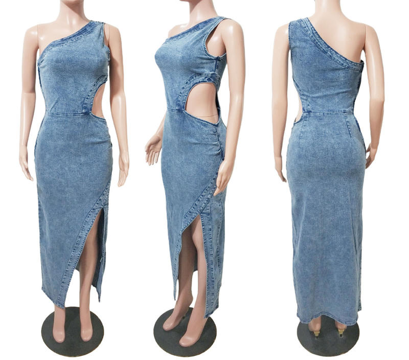 Open Waist High Slit Denim Maxi Dress