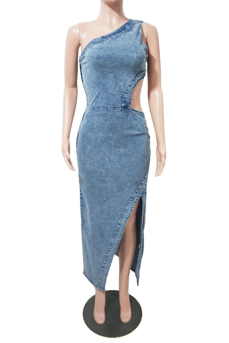 Open Waist High Slit Denim Maxi Dress