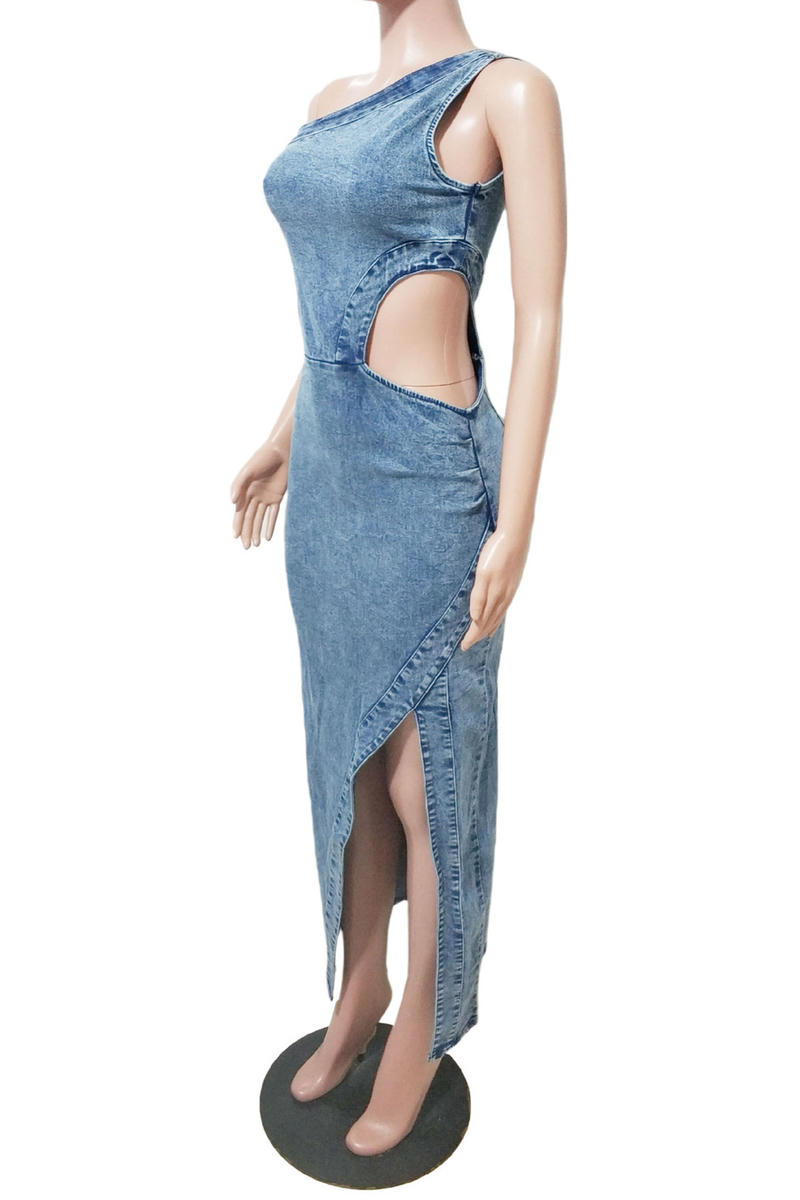 Open Waist High Slit Denim Maxi Dress