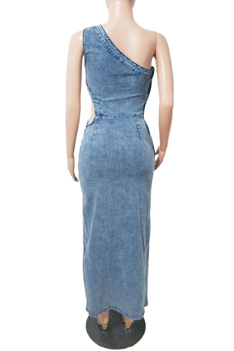 Open Waist High Slit Denim Maxi Dress