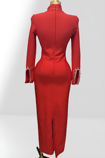 Red maxi dress on a mannequin against a white background
