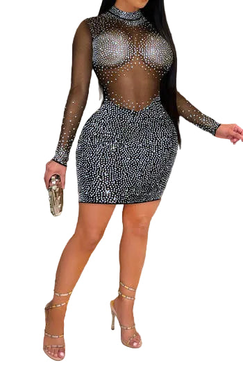 Sparkling Plus Size Sheer Mesh Rhinestone Bodycon Mini Dress