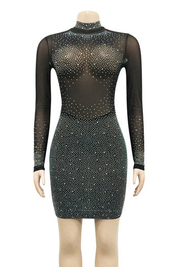 Sparkling Plus Size Sheer Mesh Rhinestone Bodycon Mini Dress