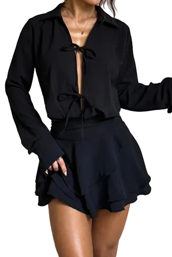 Chic Casual Solid Color Lace-Up Long-Sleeved Mini Dress - Non-Stretch Fabric