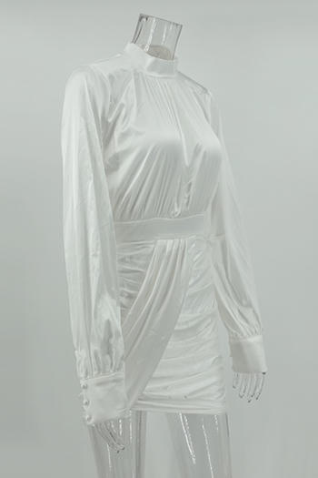 Stylish Non-Stretch Ruched Mini Dress with Elegant Lantern Sleeves