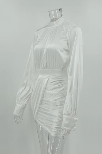 Stylish Non-Stretch Ruched Mini Dress with Elegant Lantern Sleeves