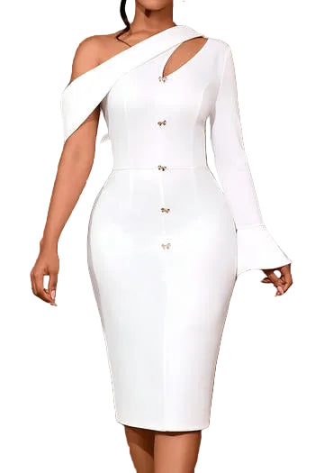 White one-shoulder dress with bell sleeves on a neutral background