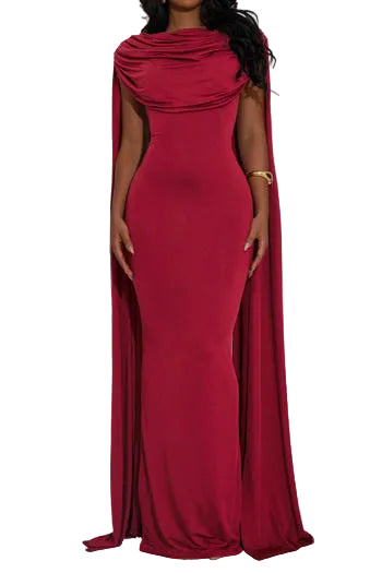 Elegant Plus-Size Pleated Backless Maxi Dress - Solid Color Stretch Fabric