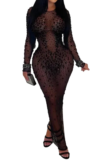Mesh Rhinestone Studded Maxi Dress