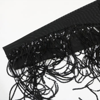 Close-up of black lace fabric with sequins on a white background