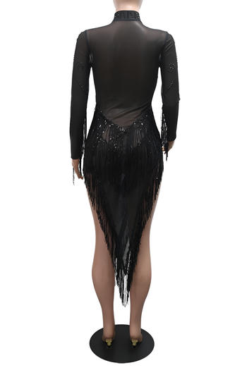 Black dress with fringe details on a white background
