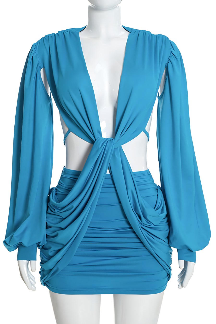  turquoise dress shown on front of mannequin