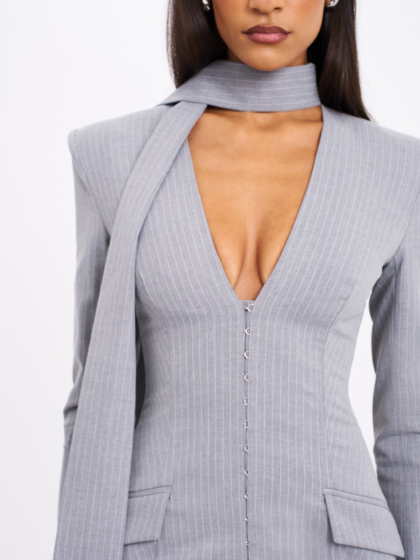 Tahlia Deep V Pinstripes Gray Blazer Dress with scarf collar