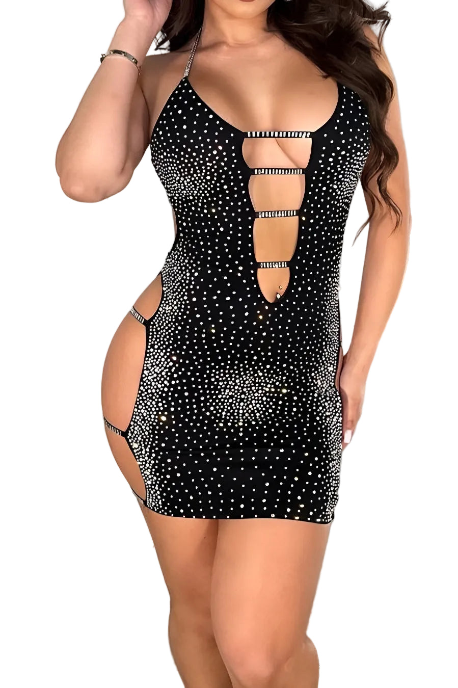 Black dress with cut-out design and rhinestone details on a white background