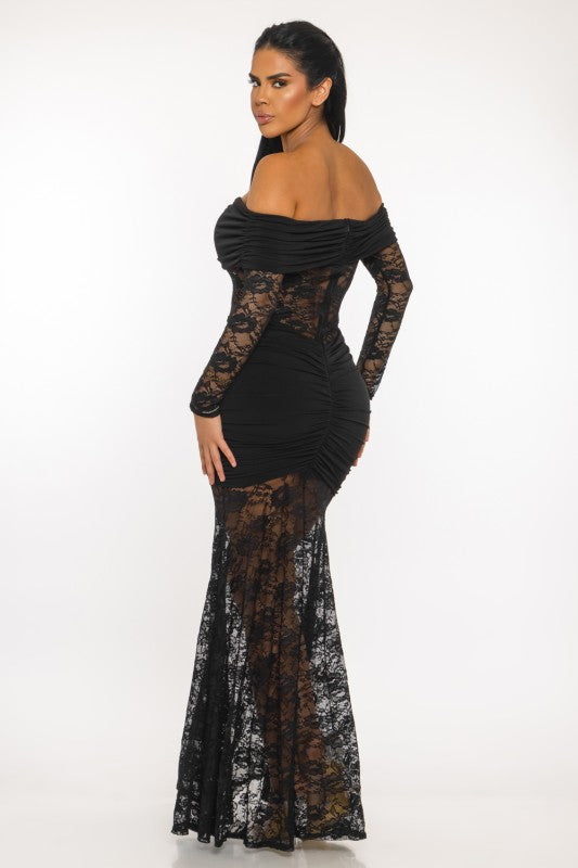 Off-the-Shoulder Shirred Lace Maxi Dress