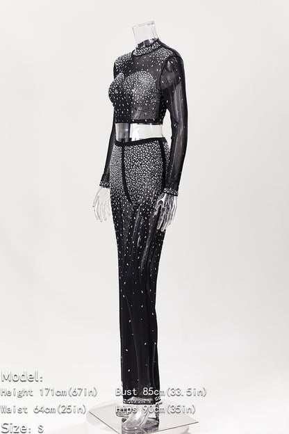 Photo Op Sheer Rhinestone Crop Top and Pants Set