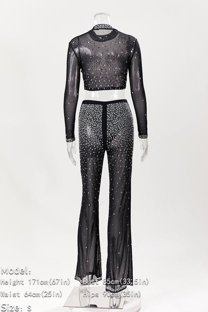 Photo Op Sheer Rhinestone Crop Top and Pants Set