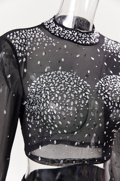 Photo Op Sheer Rhinestone Crop Top and Pants Set