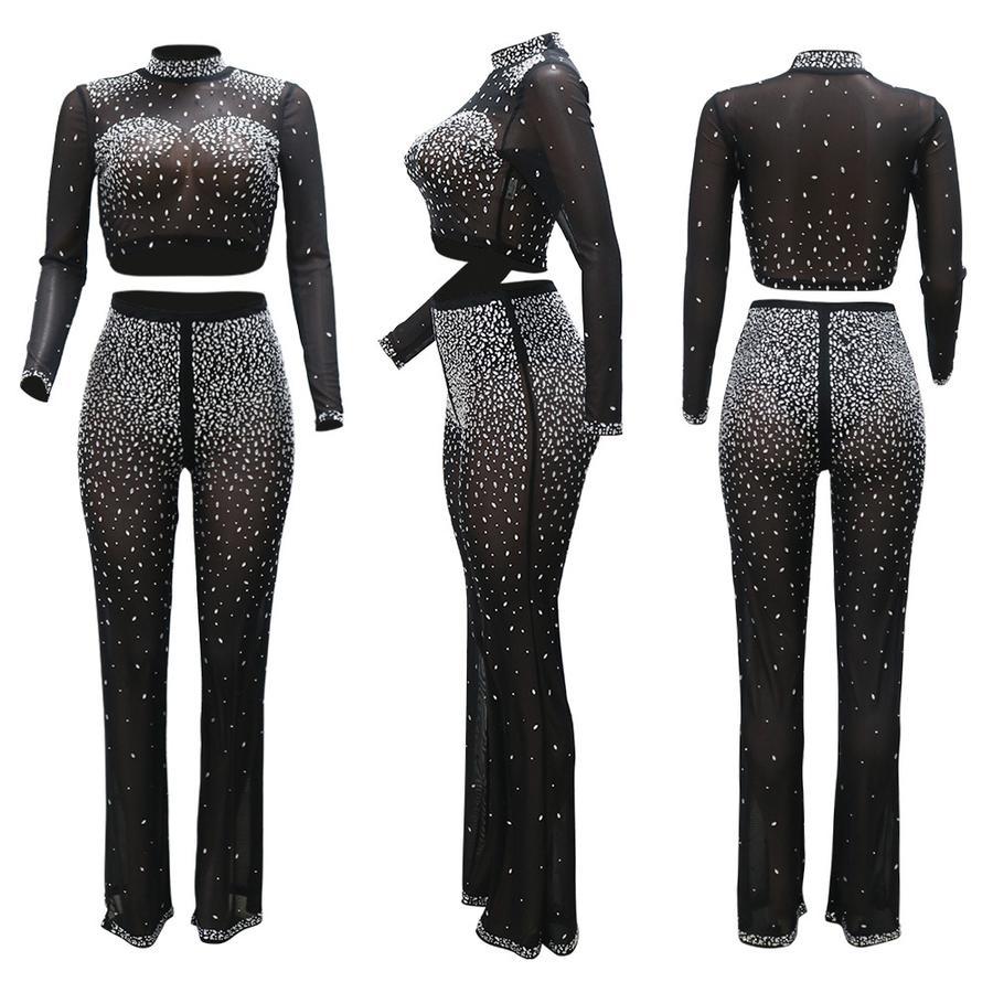 Photo Op Sheer Rhinestone Crop Top and Pants Set