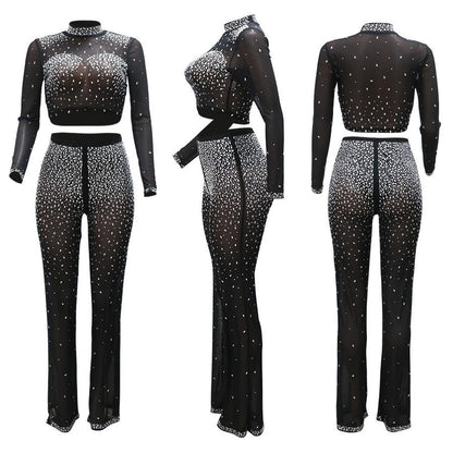 Photo Op Sheer Rhinestone Crop Top and Pants Set