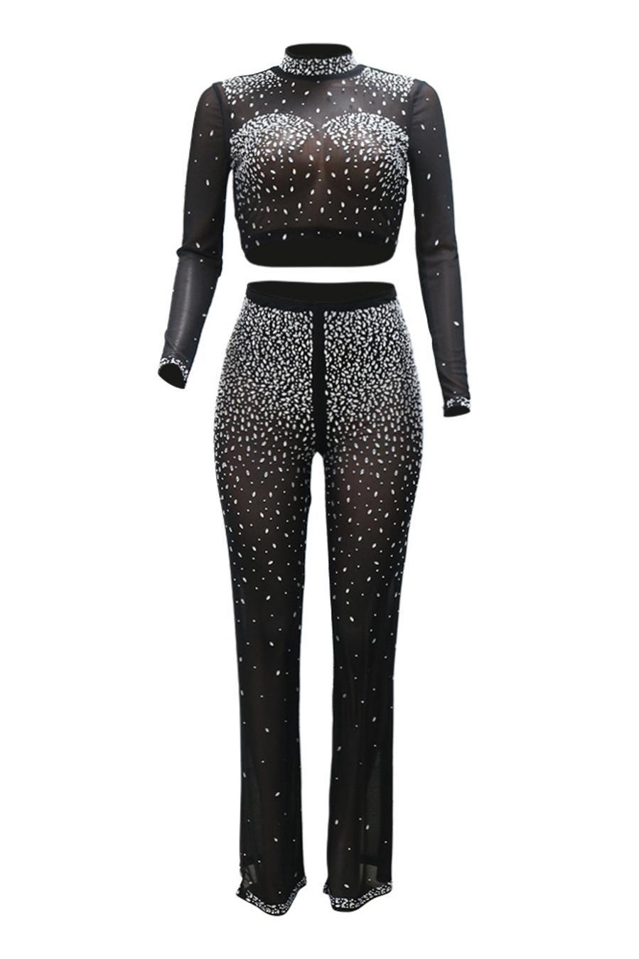 Photo Op Sheer Rhinestone Crop Top and Pants Set